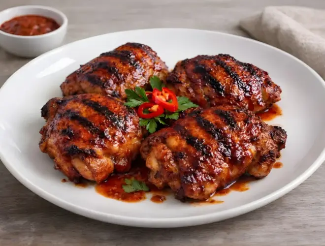 Contramuslos de pollo a la diabla a la parrilla con glaseado picante y acabado brillante en plato blanco.