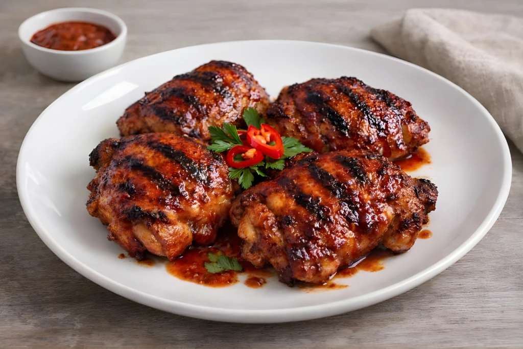Contramuslos de pollo a la diabla a la parrilla con glaseado picante y acabado brillante en plato blanco.
