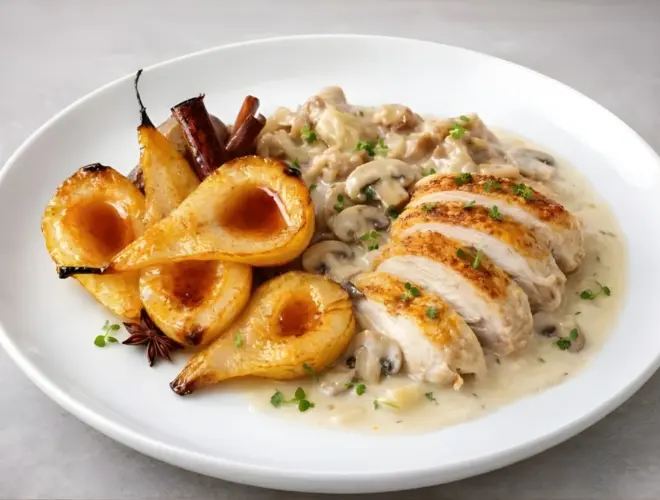 Contramuslos de pollo al txacol&iacute; con salsa brillante, champi&ntilde;ones y toque gourmet en plato blanco