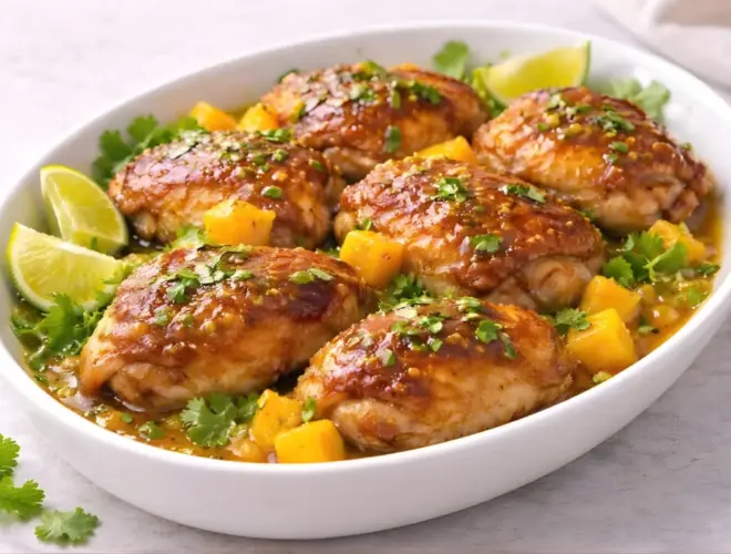 Contramuslos de pollo asado con mango en fuente blanca, con salsa de mango, cilantro fresco y cu&ntilde;as de lima.