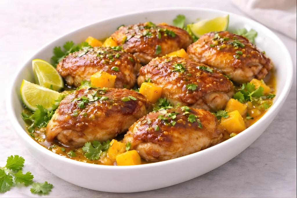 Contramuslos de pollo asado con mango en fuente blanca, con salsa de mango, cilantro fresco y cu&ntilde;as de lima.