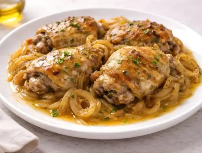 Contramuslos de pollo encebollado servidos con cebolla pochada y jugos de cocci&oacute;n, en plato blanco sobre fondo neutro y luminoso.