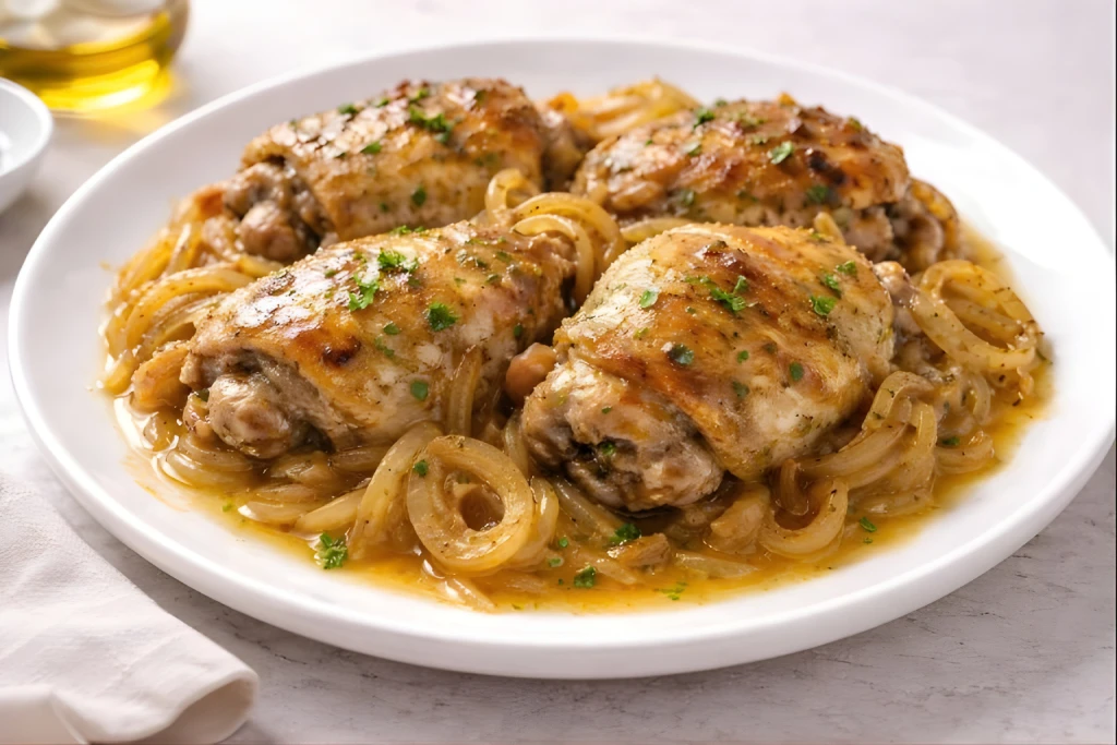 Contramuslos de pollo encebollado servidos con cebolla pochada y jugos de cocci&oacute;n, en plato blanco sobre fondo neutro y luminoso.