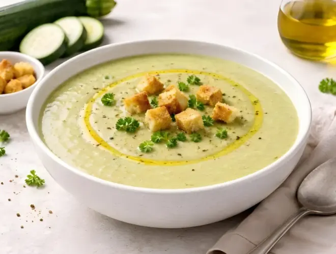 Crema de calabac&iacute;n f&aacute;cil y saludable en bol blanco, con hilo de aceite de oliva, pimienta y topping crujiente, en estilo gourmet luminoso.