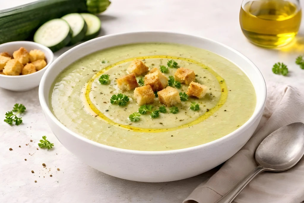 Crema de calabac&iacute;n f&aacute;cil y saludable en bol blanco, con hilo de aceite de oliva, pimienta y topping crujiente, en estilo gourmet luminoso.