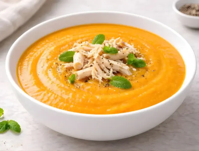 Crema de calabaza y pollo servida en cuenco blanco, con calabaza triturada, pollo desmenuzado y hojas de yerbabuena como acabado, en fondo neutro y luz natural