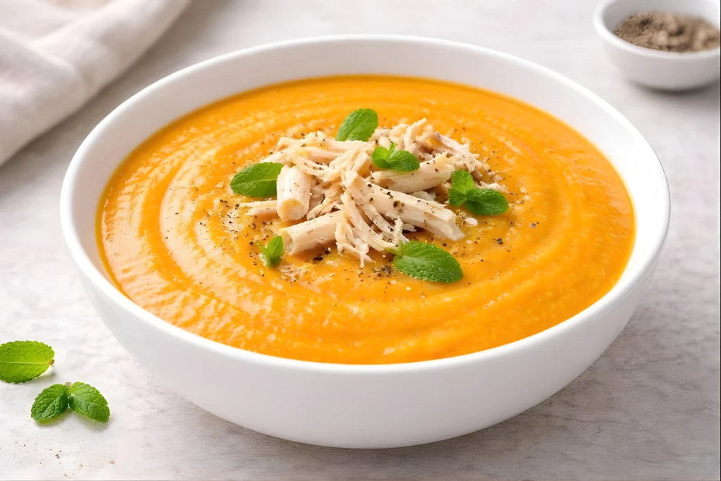 Crema de calabaza y pollo servida en cuenco blanco, con calabaza triturada, pollo desmenuzado y hojas de yerbabuena como acabado, en fondo neutro y luz natural