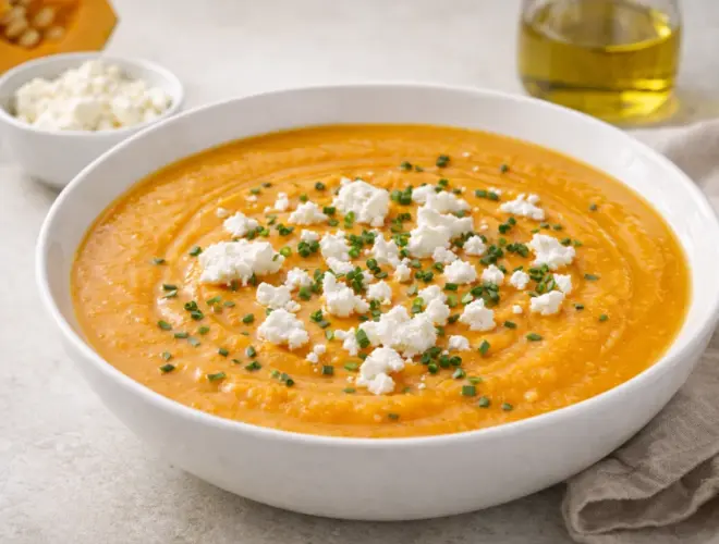 Crema de calabaza con queso fresco de cabra desmigado en cuenco blanco, textura cremosa y luz natural sobre fondo neutro.