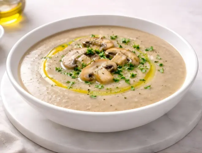 Crema de champi&ntilde;ones cremosa servida en cuenco blanco, con un hilo de aceite de oliva y perejil picado por encima, sobre fondo neutro y luminoso.