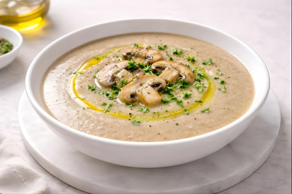 Crema de champi&ntilde;ones cremosa servida en cuenco blanco, con un hilo de aceite de oliva y perejil picado por encima, sobre fondo neutro y luminoso.