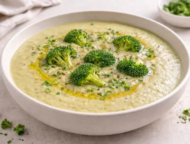 Crema de coliflor y br&oacute;coli en cuenco blanco, textura suave y cremosa con ramilletes de br&oacute;coli, aceite de oliva y pimienta, foto luminosa.