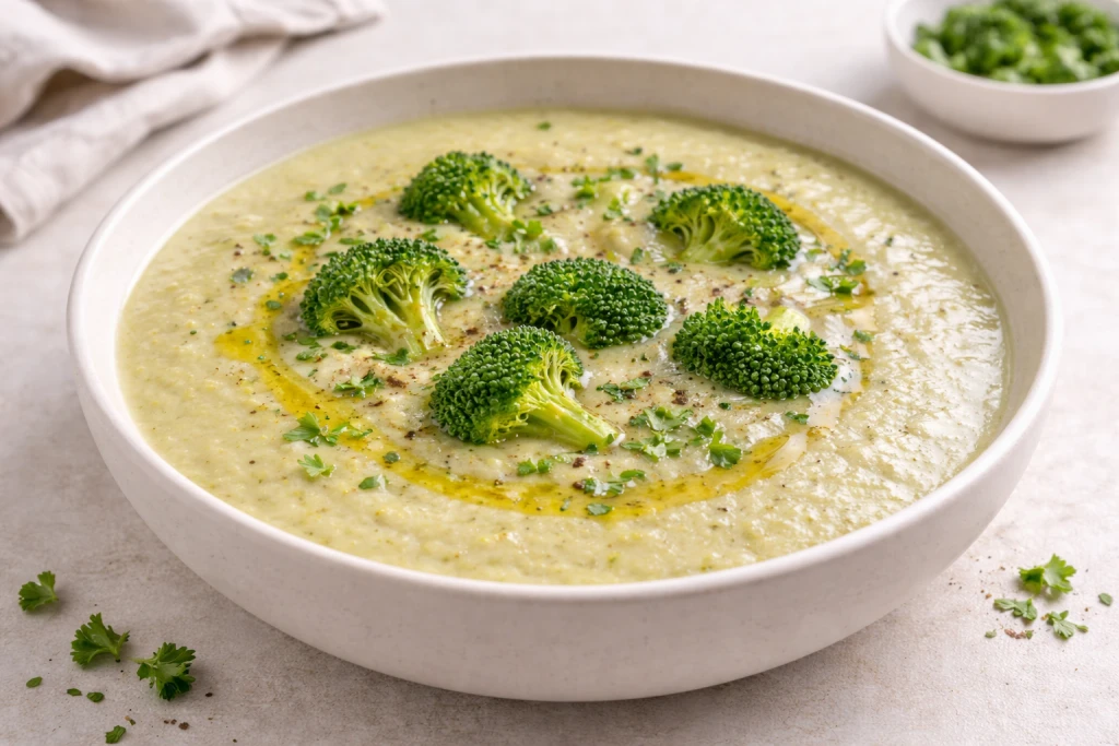 Crema de coliflor y br&oacute;coli en cuenco blanco, textura suave y cremosa con ramilletes de br&oacute;coli, aceite de oliva y pimienta, foto luminosa.