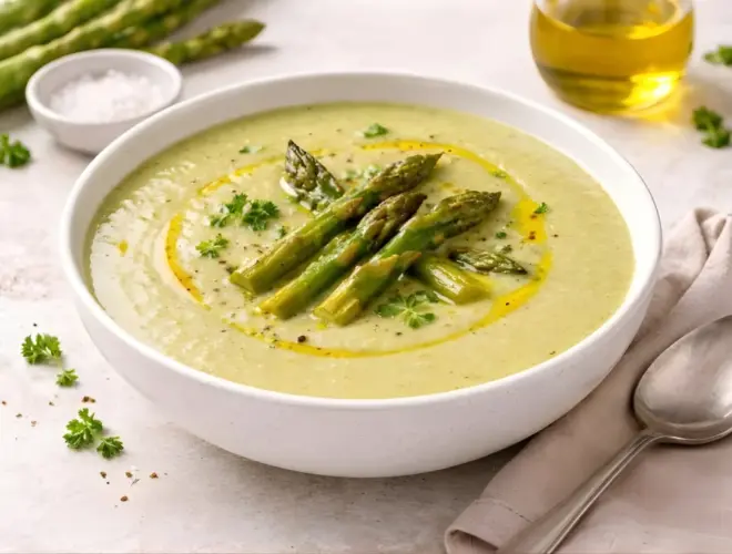 Crema de esp&aacute;rragos suave y cremosa en bol blanco, decorada con puntas de esp&aacute;rrago, aceite de oliva y pimienta negra, en fotograf&iacute;a luminosa.