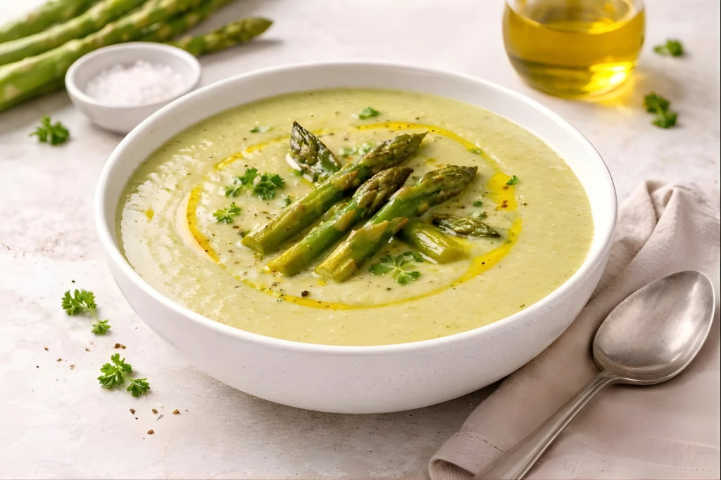 Crema de esp&aacute;rragos suave y cremosa en bol blanco, decorada con puntas de esp&aacute;rrago, aceite de oliva y pimienta negra, en fotograf&iacute;a luminosa.