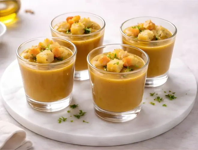 Crema de lentejas casera servida en cuenco blanco, con textura suave, un hilo de aceite de oliva y picatostes por encima