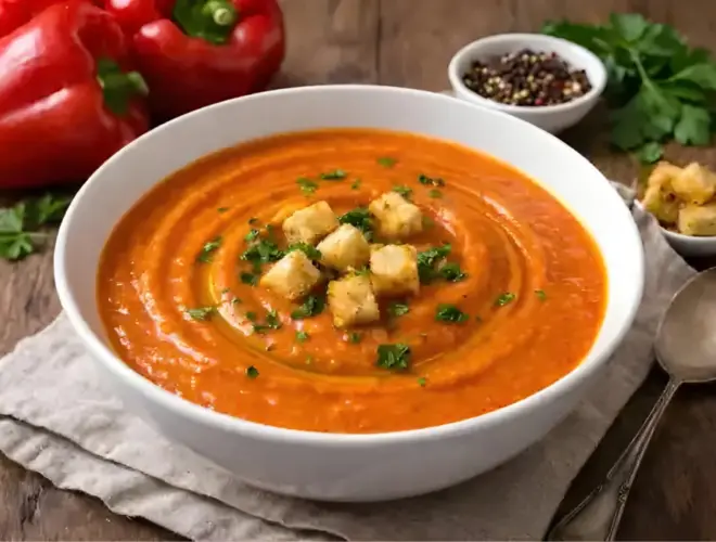 Crema de pimientos rojos saludable en cuenco blanco, muy cremosa y luminosa, con un hilo de aceite de oliva