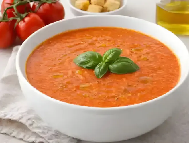 Crema de tomate casera servida en cuenco blanco con albahaca fresca y aceite de oliva