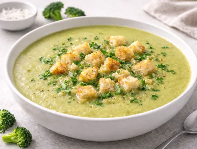 Crema de verdura suave en bol blanco con picatostes dorados y perejil, foto realista muy luminosa sobre fondo neutro