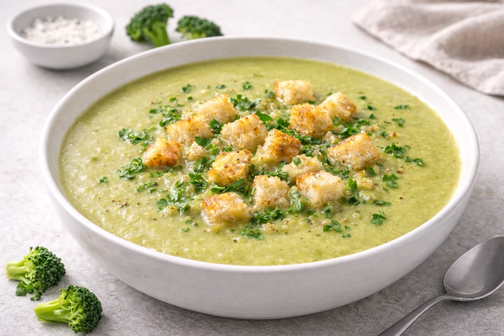 Crema de verdura suave en bol blanco con picatostes dorados y perejil, foto realista muy luminosa sobre fondo neutro