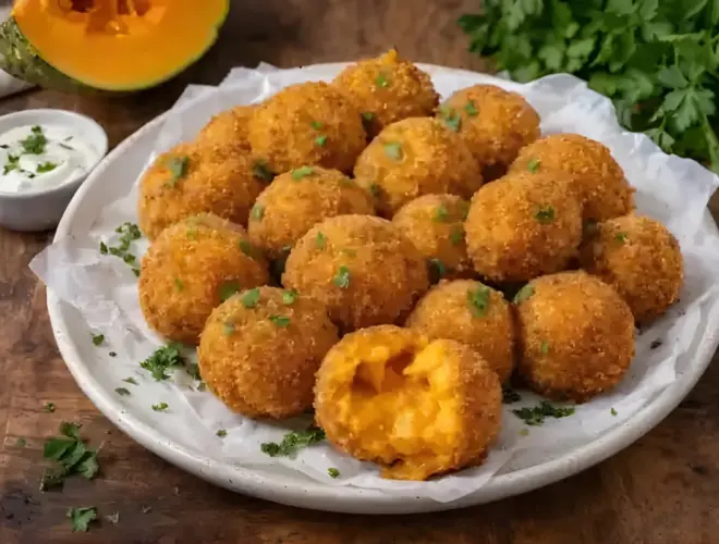 Croquetas de calabaza caseras crujientes por fuera y cremosas por dentro, fotograf&iacute;a gourmet luminosa.