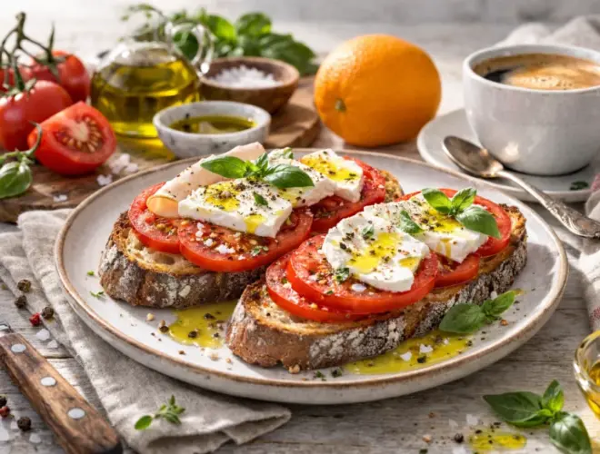 Desayuno saludable con rebanada de pan tradicional tostado, tomate y pavo, acompa&ntilde;ado de caf&eacute; con leche en una mesa clara y luminosa.