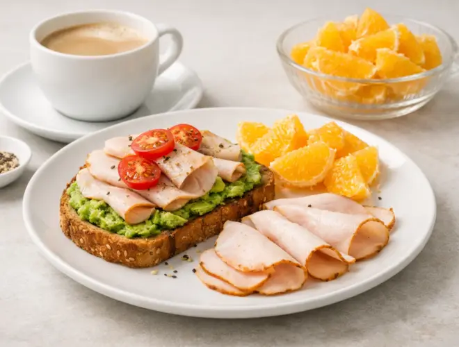 Desayuno b&aacute;sico de aguacate con tostada de pan integral, tomate, fiambre de pavo, naranja y caf&eacute; con leche en plato blanco, estilo gourmet y muy luminoso.