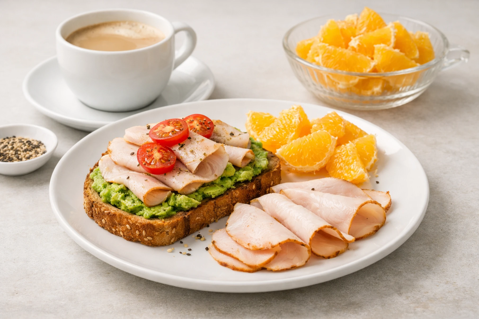 Desayuno b&aacute;sico de aguacate con tostada de pan integral, tomate, fiambre de pavo, naranja y caf&eacute; con leche en plato blanco, estilo gourmet y muy luminoso.