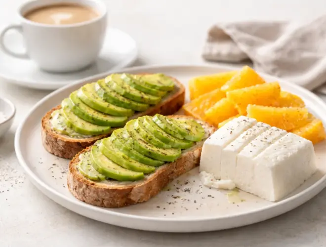 Desayuno b&aacute;sico de queso fresco con aguacate con tostadas de pan integral, queso de Burgos y naranja en plato luminoso