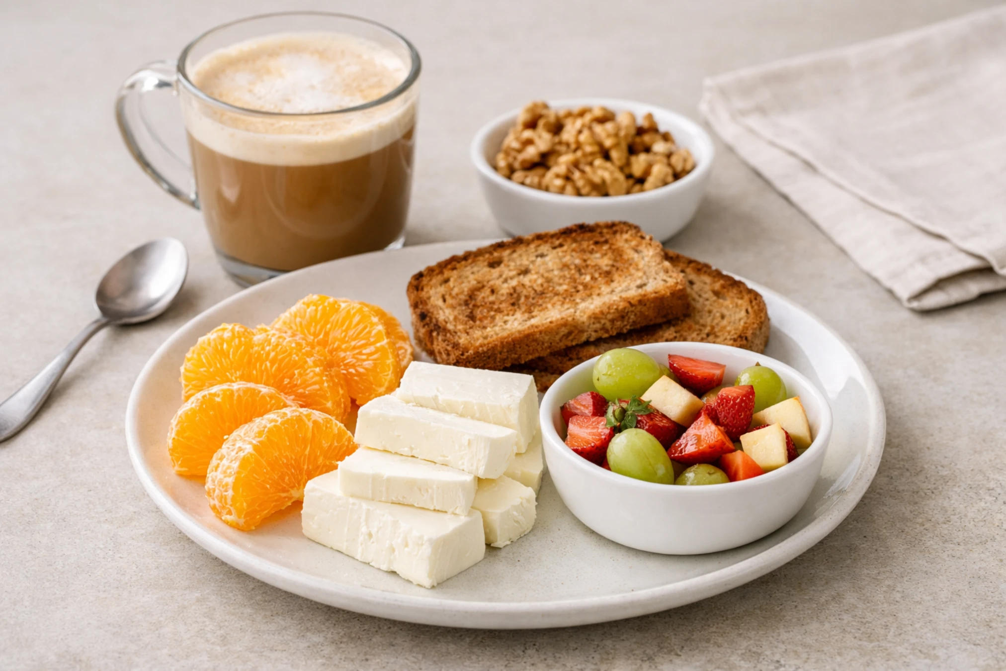 Desayuno b&aacute;sico de queso fresco con tostadas integrales, queso de Burgos, naranja y caf&eacute; con leche en mesa clara y luminosa.