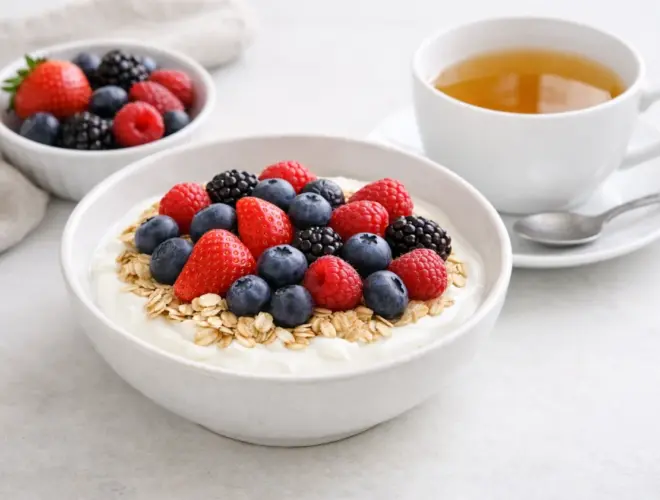 Desayuno griego saludable con yogur griego desnatado, copos de avena y frutos rojos, servido con una infusi&oacute;n caliente