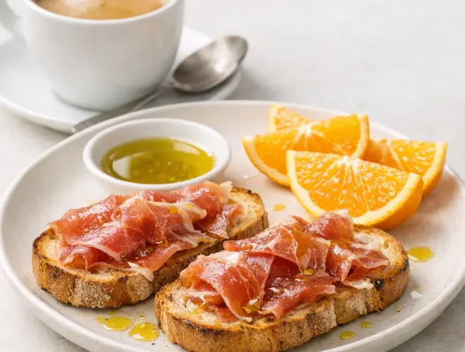 Desayuno mediterr&aacute;neo con tostadas de pan de centeno con jam&oacute;n serrano y aceite de oliva, gajos de naranja y caf&eacute; con leche, en fondo neutro y luz natural.
