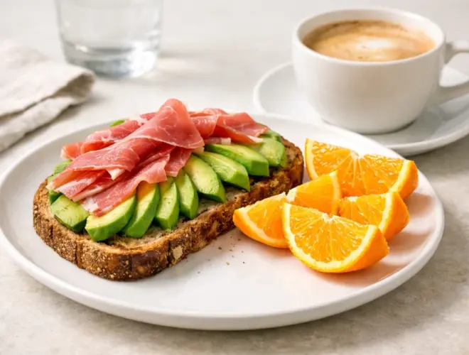 Desayuno mediterr&aacute;neo con aguacate: tostada de pan integral con aguacate y jam&oacute;n serrano, naranja y caf&eacute; con leche