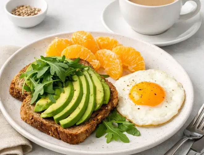 Desayuno mediterr&aacute;neo con tostada de pan integral con aguacate y r&uacute;cula, huevo cuajado y gajos de naranja, con caf&eacute; con leche al lado.