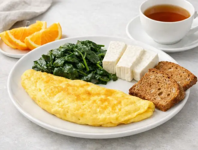 Desayuno proteico con tortilla francesa, espinacas salteadas, queso de Burgos, tostada de centeno, naranja e infusi&oacute;n