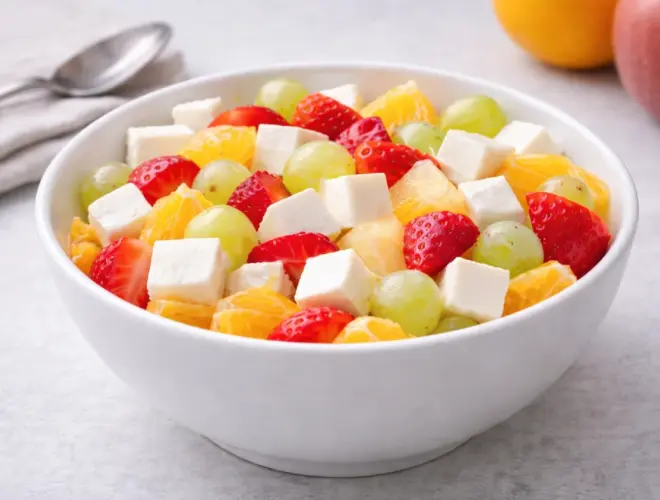 Dos piezas de fruta y queso fresco en bol blanco, con fruta de temporada troceada y dados de queso fresco tipo Burgos, fotograf&iacute;a luminosa y realista