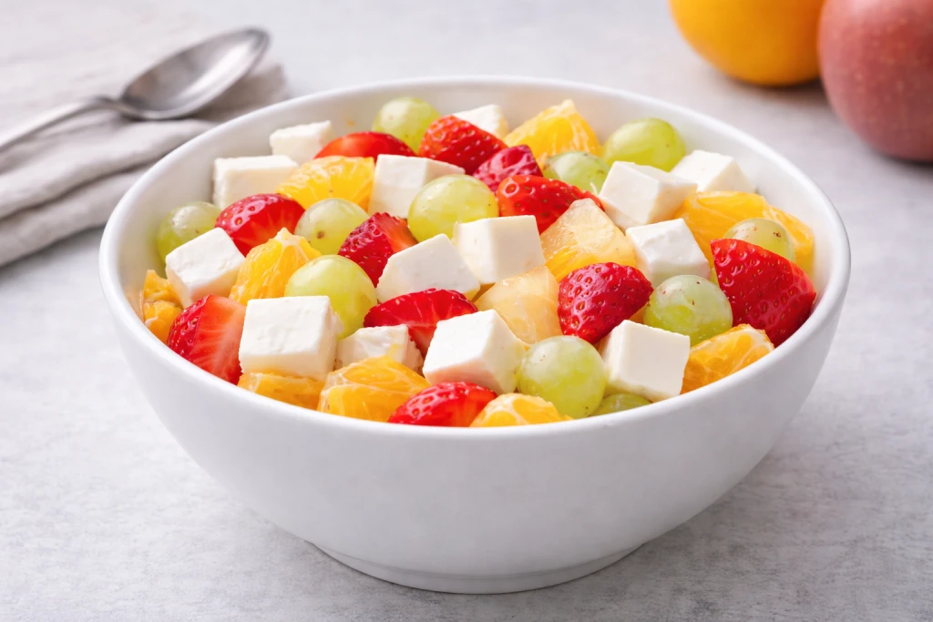 Dos piezas de fruta y queso fresco en bol blanco, con fruta de temporada troceada y dados de queso fresco tipo Burgos, fotograf&iacute;a luminosa y realista