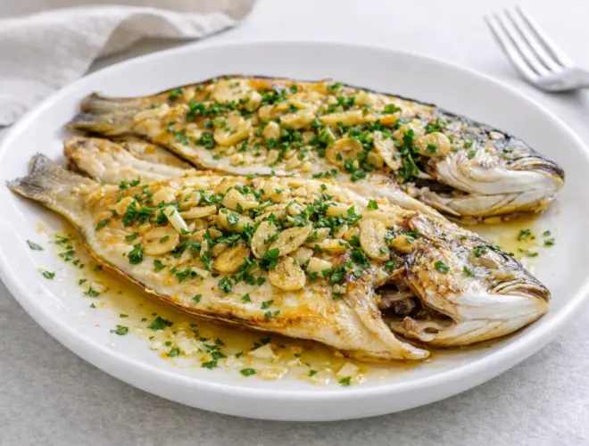 Dorada a la espalda a la plancha con piel dorada y crujiente, aceite de oliva, ajo en polvo y perejil sobre plato blanco, foto luminosa y realista