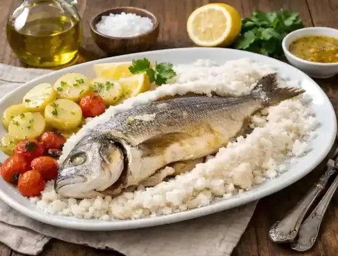Dorada a la sal jugosa en costra de sal sobre fuente blanca, lista para servir