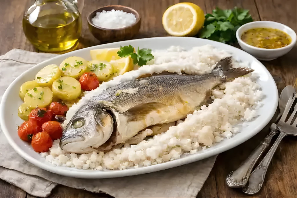 Dorada a la sal jugosa en costra de sal sobre fuente blanca, lista para servir