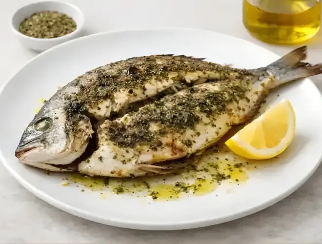 Dorada a las finas hierbas a la plancha con limón y aceite de oliva, servida en plato blanco con fondo neutro