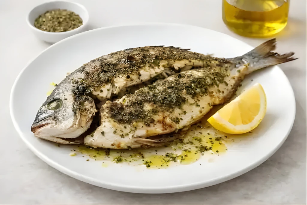 Dorada a las finas hierbas a la plancha con lim&oacute;n y aceite de oliva, servida en plato blanco con fondo neutro
