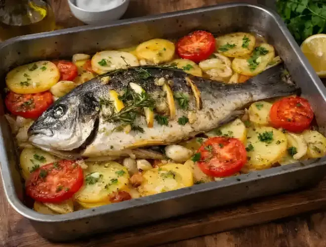 Dorada al horno con patatas en bandeja, con tomates asados y hierbas frescas, fotograf&iacute;a luminosa y realista.