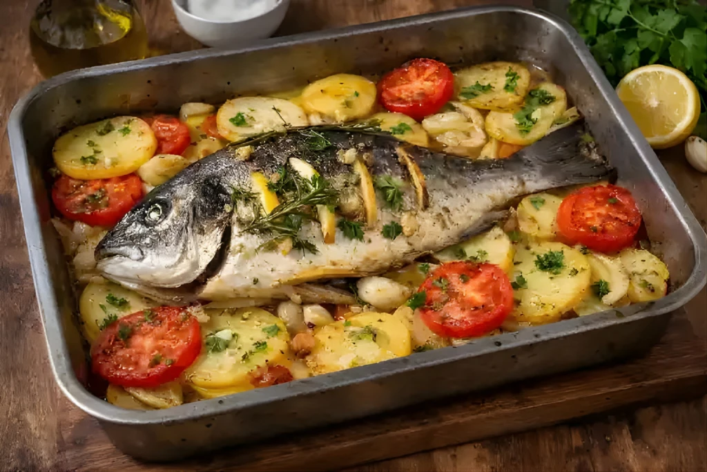 Dorada al horno con patatas en bandeja, con tomates asados y hierbas frescas, fotograf&iacute;a luminosa y realista.