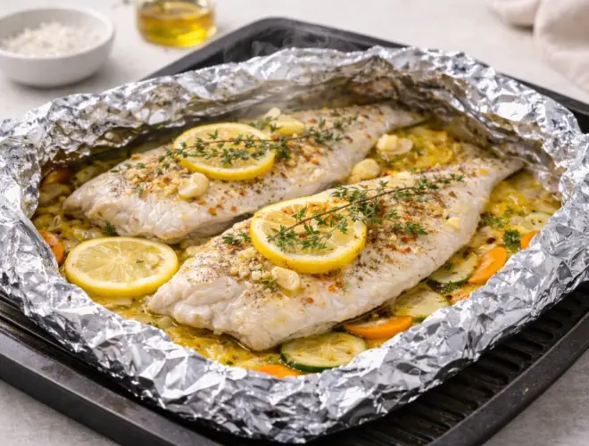 Dorada al papillote al horno sobre cama de calabac&iacute;n, zanahoria y cebolla, con rodajas de lim&oacute;n y tomillo, foto luminosa y realista