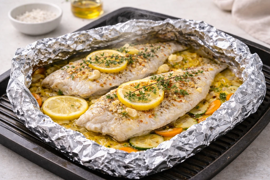 Dorada al papillote al horno sobre cama de calabac&iacute;n, zanahoria y cebolla, con rodajas de lim&oacute;n y tomillo, foto luminosa y realista