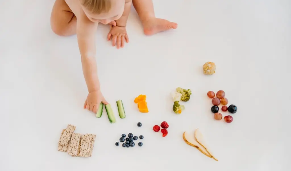 Beb&eacute; comiendo alimentos saludables como frutas, verduras y cereales en una alimentaci&oacute;n infantil equilibrada