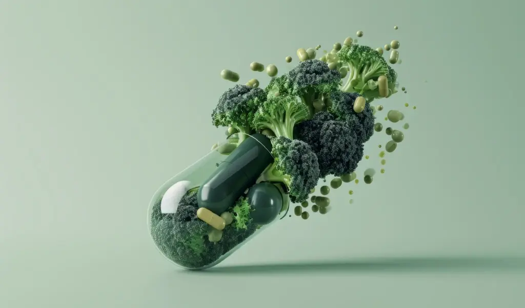 C&aacute;psula con br&oacute;coli representando la relaci&oacute;n entre vitamina K, alimentaci&oacute;n y anticoagulantes