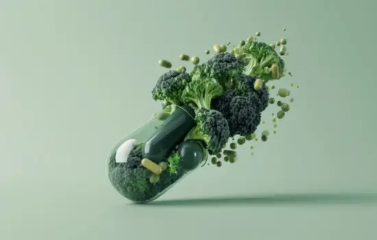Cápsula con brócoli representando la relación entre vitamina K, alimentación y anticoagulantes