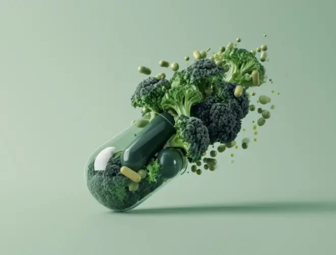 C&aacute;psula con br&oacute;coli representando la relaci&oacute;n entre vitamina K, alimentaci&oacute;n y anticoagulantes