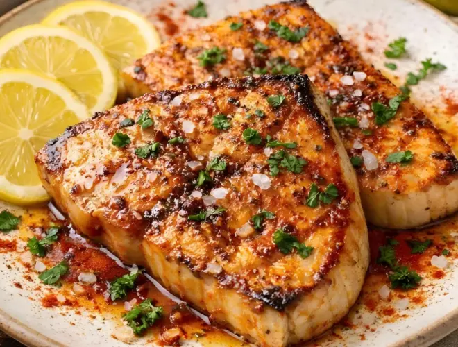 Emperador marinado con piment&oacute;n al lim&oacute;n a la plancha, con lim&oacute;n en rodajas y acabado gourmet sobre plato neutro.